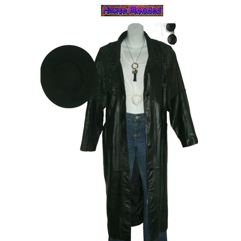 Vintage 90's Long Black Leather Trench Coat Holographic Boho Print Floor Length - Picture 14 of 15